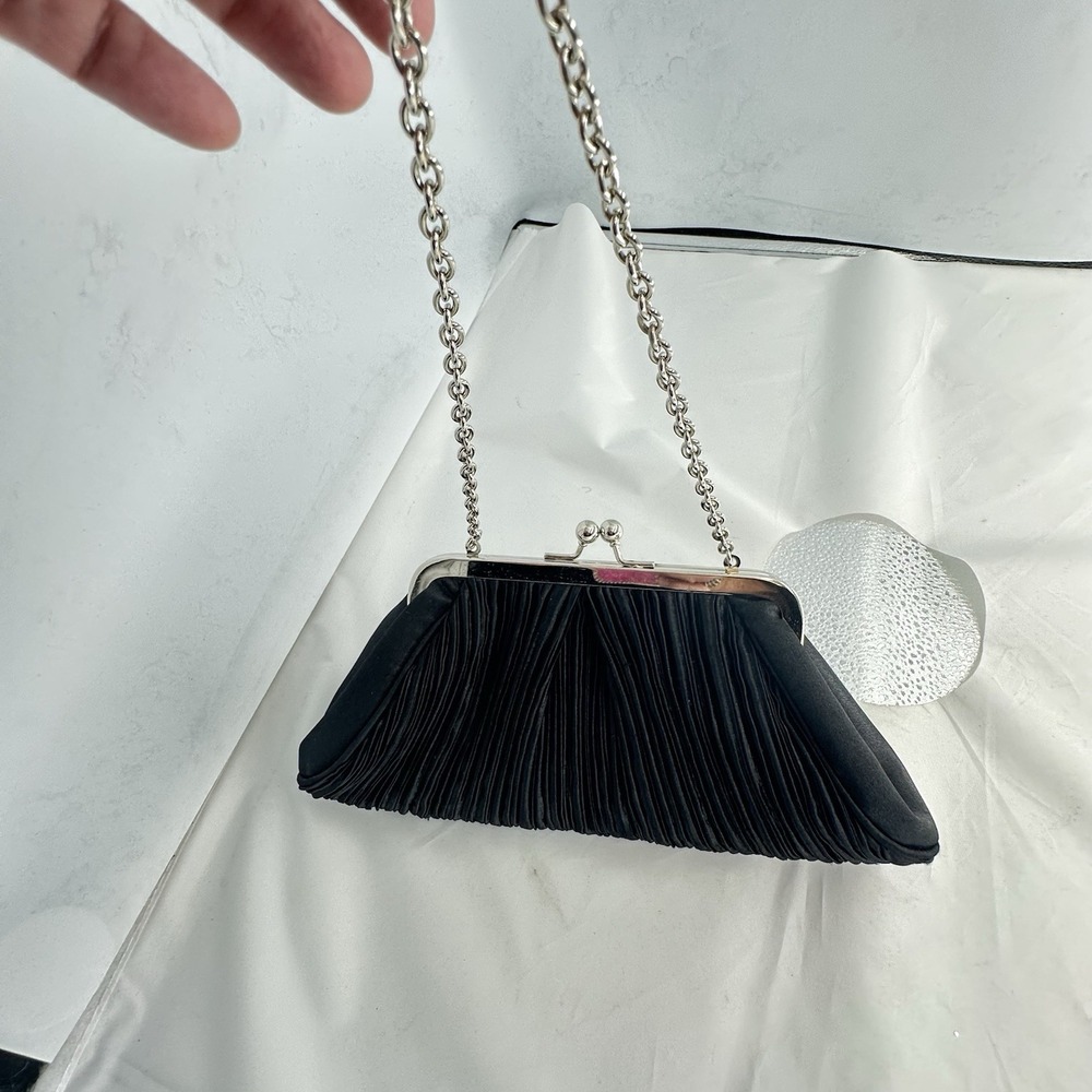 White House Black Market Pleated Satin  Pouch Purse Gem Snap Black Evening Bag - Picture 3 of 7